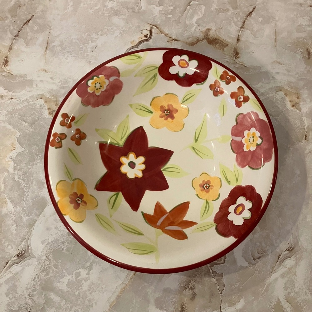 HOME Floral Ceramic Serving Bowl Red Yellow Flowers 8.25" Dishwasher Safe